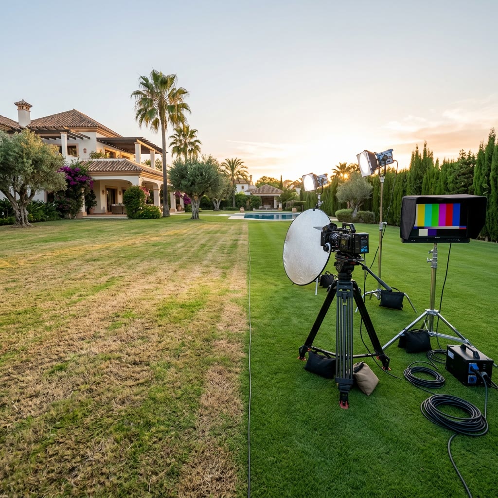 Rodaje cinematográfico en el exterior de una villa de lujo en Marbella, mostrando el contraste entre el césped sin tratar a la izquierda y el césped terminado y listo para cámara a la derecha