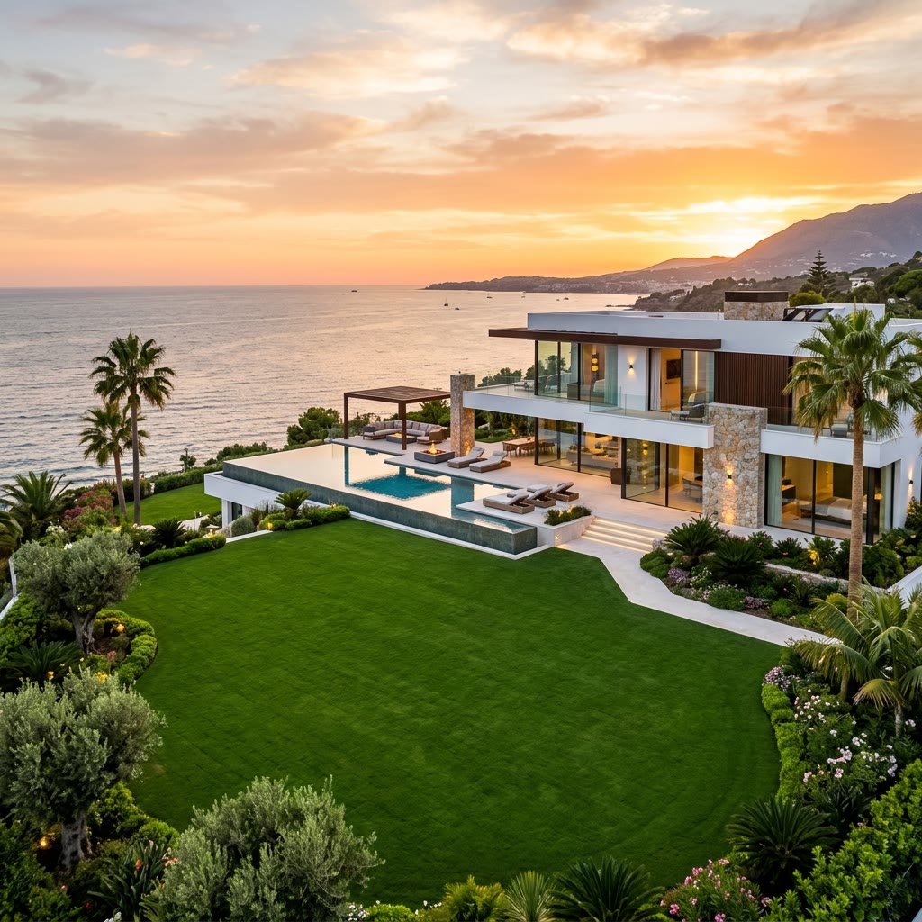 Villa de lujo con césped perfecto frente a la costa de Marbella